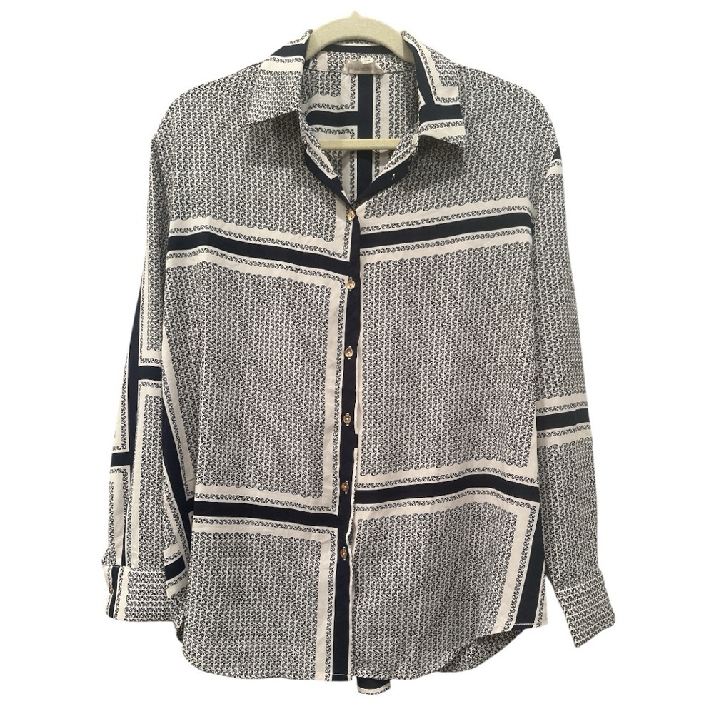 Eesome Navy/White Button Down Gold Tone Buttons Lightweight Career Oversized Med